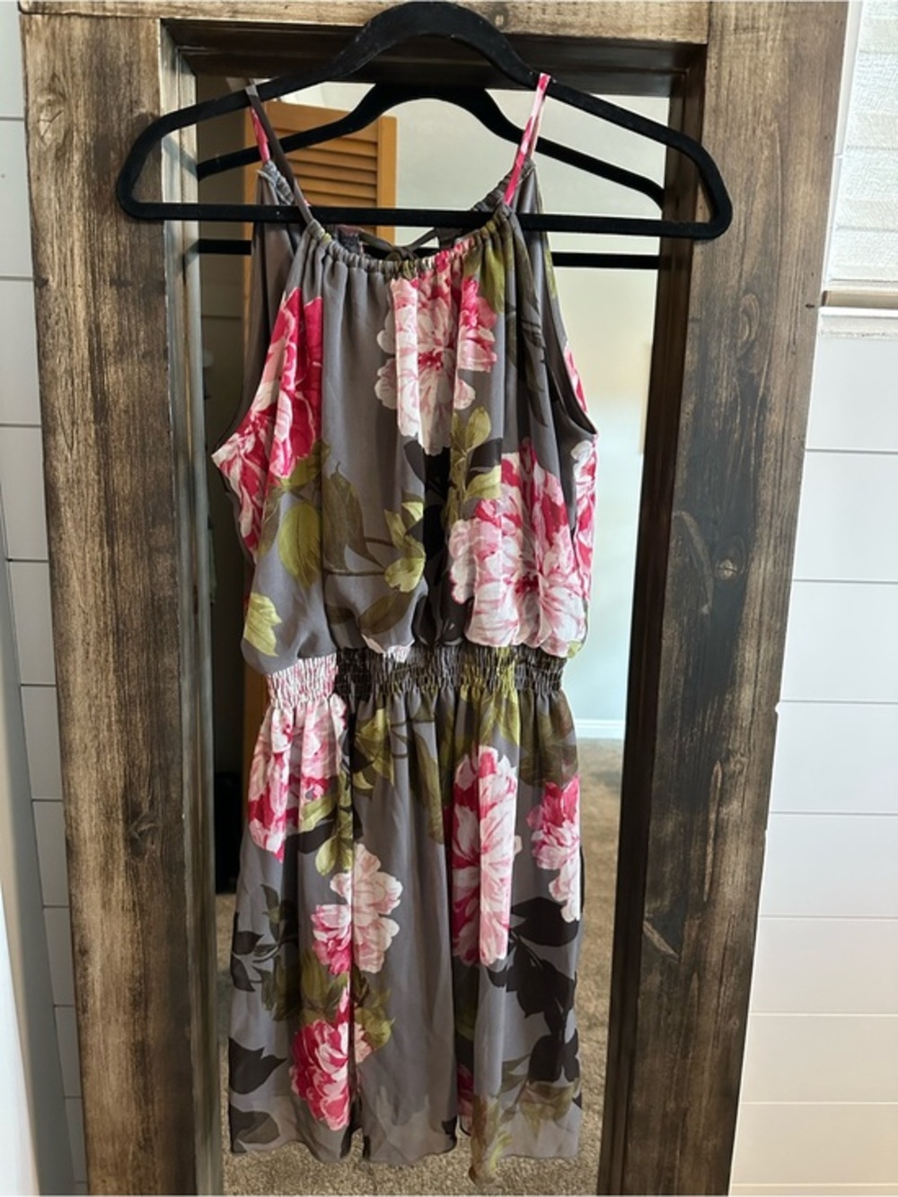 Sweet Storm Floral Halter Dress Gray Pink Rose Print Size M Cottagecore Garden